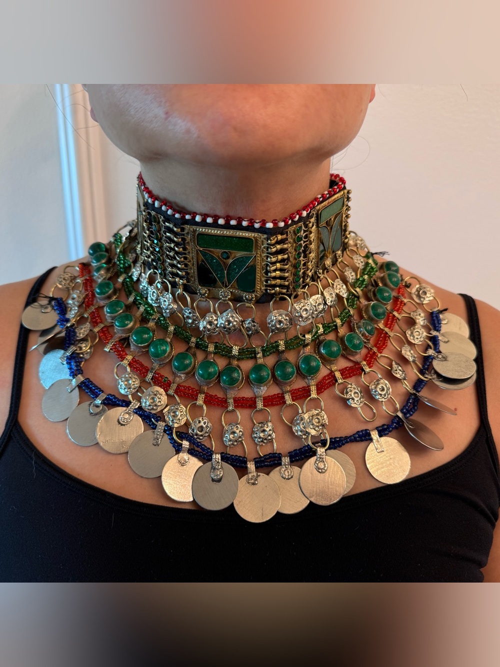 Handmade Tribal Coin Choker Necklace, Earrings, Headpiece Set - Green